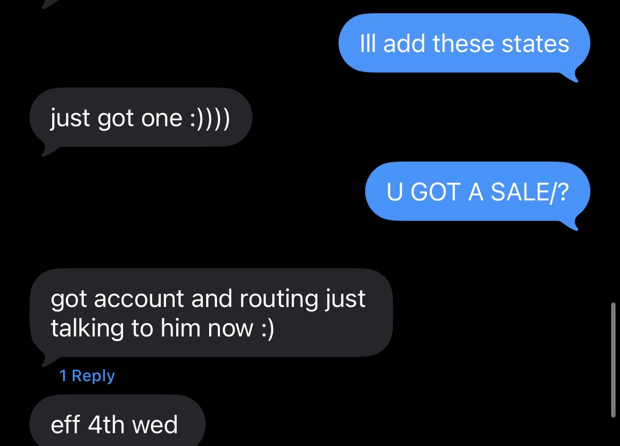 Agent text message: just got one, got account and routing, talking to him now